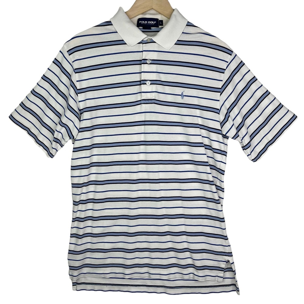 Ralph Lauren Mens Polo Golf Knit Short Sleeve White Blue Stripe Shirt Large FLAW